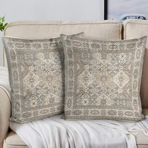 BUAEL Boho Floral Throw Pillow Covers 22x22 inch Set of 2,Boho Rug Geometric Floral Pattern Decor Double Sided Pattern Cushion Cover Soft Pillow Case Living Sofa Room Bed Square Pillow Cover