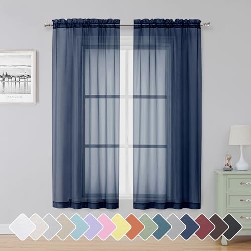"Simplebrand Blue Sheer Curtains 63 Inch Length 2 Panels, Rod Pocket Solid Color Window Sheer Curtain Panels, Elegant Curtains & Drapes for Living Room, Bedroom 2 Panels (Navy Blue, 42"" W x 63"" L)"