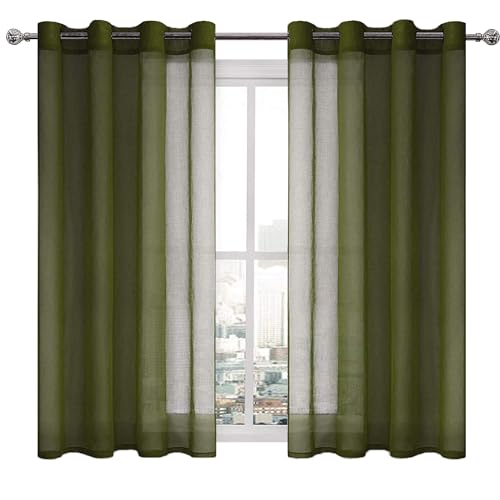 DWCN Olive Green Sheer Curtains for Living Room Bedroom Faux Linen Look Voile Drapes Grommet Top Window Curtain Panel 52 x 54 Inch Length, Set of 2 Panels