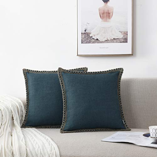 NordECO HOME Pack of 2 Linen Navy Blue Cushion Covers 45x45 cm Decorative Farmhouse Burlap Trimmed Edges 18x18 for Sofa Decor