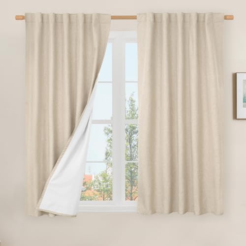 LAMIT Natural 100% Blackout Linen Curtains, 45 Inches Linen Textured Thermal Bedroom Curtains Back Tab and Rod Pocket Neutral Panels with White Liner for Farmhouse, 2 Panels, 42 x 45 Inch, Linen