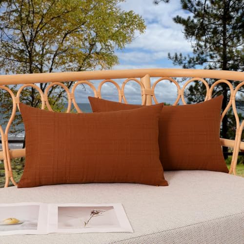 Kevin Textile Pack of 2 Outdoor Waterproof Pillow Covers Checkered Decorative Cushions Sham Throw Pillowcases Shell for Patio Tent Garden Couch Bed Sofa 20x12 Inch Burnt Orange