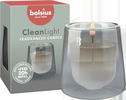 Bolsius - CleanLight Starter Set - Refillable Scented Candle - Stand & 1 Refill - Grey - Cypress & Amber - 20 Hour Burning Time - Natural Extracts & Vegan Wax