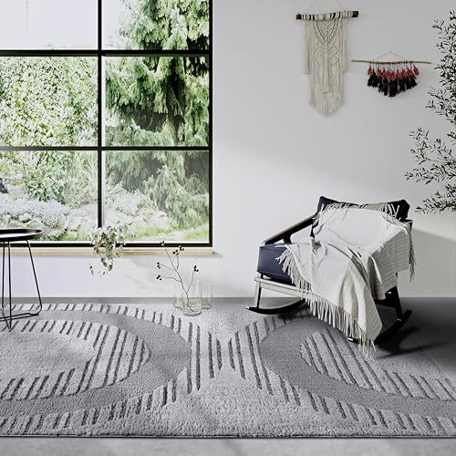 Elle Decor ation Bartoux High Pile Rug, Modern Living Room Rug, Long Pile Shaggy, Modern Pattern, Fluffy Soft Boho for Living Room, Bedroom - Light Grey, 160 x 235 cm