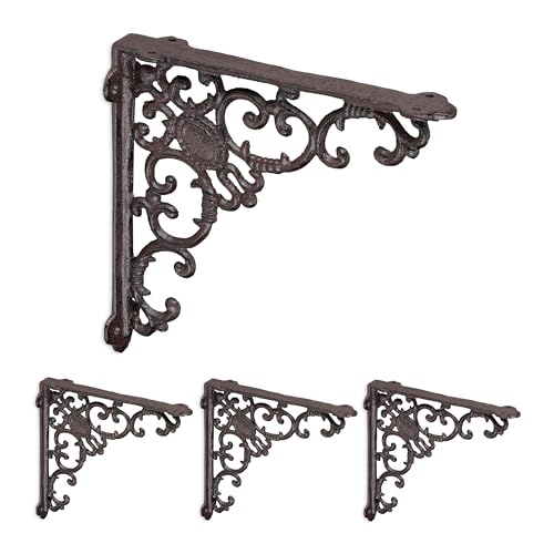 Relaxdays Shelf Brackets, Set of 4, Cast Iron, Antique Style Supports, for Wall-Mounted Shelves, 21.5x4x21.5 cm, Brown
