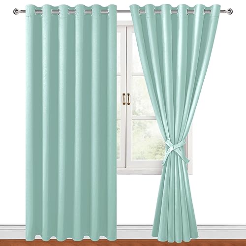 Hiasan Room Darkening Curtains for Bedroom, 70 x 84 Inches - Thermal Insulated & Energy Saving Window Drapes for Living Room/Dorm Room, Set of 2 Panels Sewn with Tiebacks, Aqua