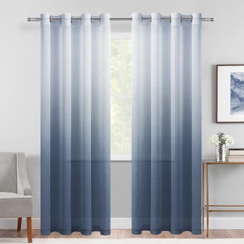 "DWCN Sheer Curtains Faux Linen - Gradient Semi Voile Sheer Curtains with Grommet Top for Bedroom and Living Room, 52"" x 84"", Denim Blue, Set of 2"