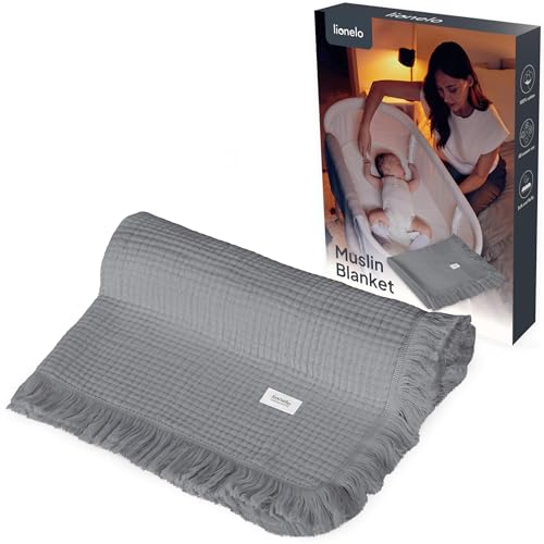 Lionelo Muslin Blanket Muslin Baby Blanket with Fringes 70x100 cm - 6-Ply 100% Cotton, Extra Soft & Breathable, Hydrophilic All-Season Blanket for Newborns, Crib and Stroller, Grey