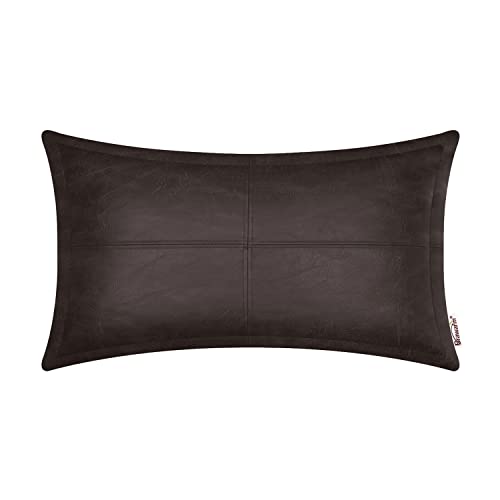 Eaasok BRAWARM Coffee Leather Throw Pillow 12 x 20 Inches, Faux Leather Pillow Cover with Piping, Hand Stitched Leather Decorative Lumbar Throw Pillow Covers for Couch Sofa Bed Living Room Garden