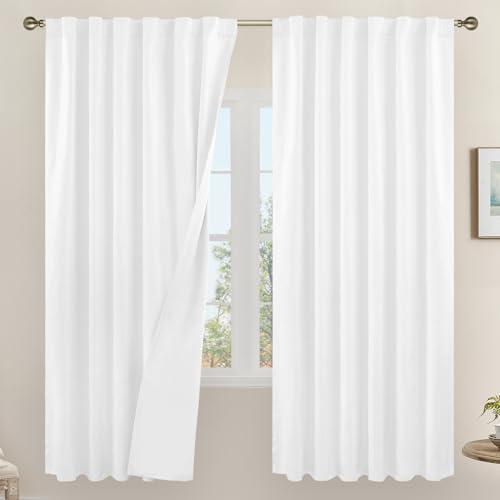 LAMIT White 100% Blackout Linen Curtains, 72 Inches Linen Textured Living Room Farmhouse Curtains Full Room Darkening Back Tab and Rod Pocket Burlap Panels with White Liner, 2 Panels, 52 x 72 Inch