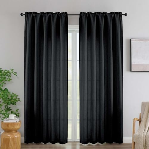 "Simplebrand Black Linen Curtains 84 Inch Length 2 Panels Set, Faux Linen Textured Semi Light Filtering Farmhouse Curtains & Drapes, Soft Slub Window Curtains for Living Room Bedroom, Each 52"" Wx84 L"
