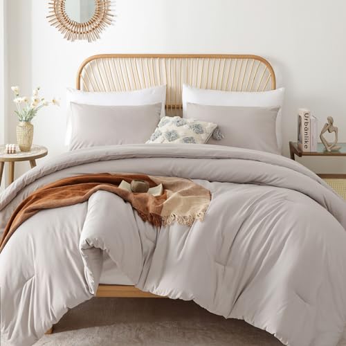 ROSGONIA Queen Comforter Set Linen Grey, 3pcs Queen Size Comforter(1 Boho Gray Comforter & 2 Pillowcases) All Season Lightweight Bedding Blanket Quilt
