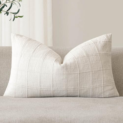 Foindtower Set of 1 Decorative Linen Check Throw Pillow Cover Neutral Farmhouse Lumbar Cushion Cover Modern Boho Home Decor for Sofa Chair Couch Bedroom Living Room Outdoor,12??20 Inch,Cream White