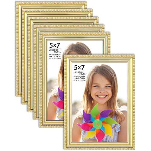 Langdon House 5x7 Picture Frames (Gold, 6 Pack), Contemporary Frame Set, Wall Mount or Table Top, Prosperity Collection