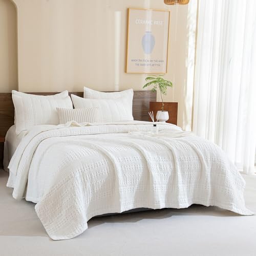 "CozyTide Queen Size Quilt 90""x98"",White Waffle Weave Cotton Bedspread Lightweight Farmhouse Queen Quilt Bedding Sets Shabby Boho Chic Coverlet Set 3 Pieces"