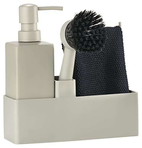 Zone Denmark Mud Dish Washing Up Organiser with Soap Dispenser/Detergent Dispenser, Dish Cloth and Washing Up Brush, 19 x 6 x 20.5 cm, Set of 4 Pieces