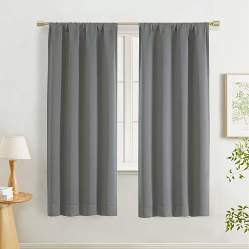 "Lecloud Light Grey Curtains 63 Inch Length 2 Pcs, Room Darkening Thermal Insulated Living Room Curtains for Bedroom, Rod Pocket Farmhouse Decor Window Treatments Long Drapes, Each Panel 40"" W x 63"" L"