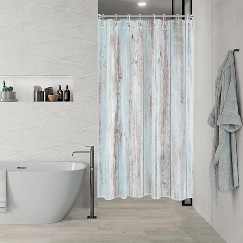 EOBTAIN Vintage Wood Barn Shower Curtain for Bathroom Old Teal and Grey Vertical Wooden Plank Shower Curtain with 8 Hooks Rustic Farmhouse Bathroom Curtains Shower Set 48x68 Inch