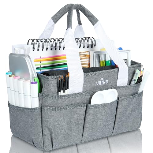 JJRING Craft Organizer Tote Bag, Art Storage Caddy with Multiple Pockets, Grey Sewing Bag for Art, Craft, Scrapbooking, Medical, and Office Supplies Storage