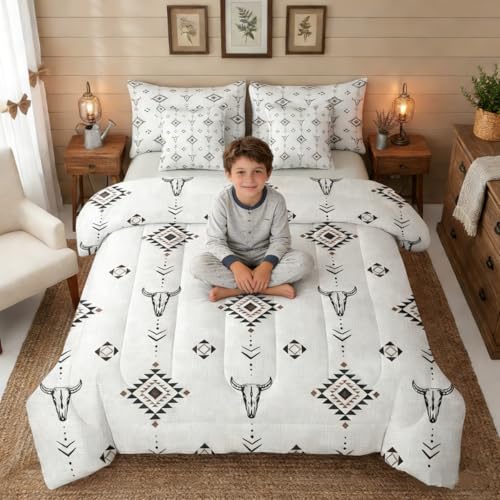 Erosebridal Western Aztec Comforter Set Full Size, Boho Farmhouse Bedding Set 7 Piece for Kids Boys Teens Bedroom Ethnic Southwest Bull Skull Cow Bed in A Bag American Native Southwestern Sheet Sets