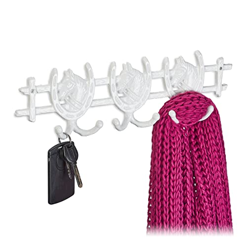 Relaxdays Wall-Mounted Coat Rack, Horses Design, Cast Iron, 6 Hooks, Unusual Look, Key Hanger, 11 x 36.5 x 3.5 cm, White