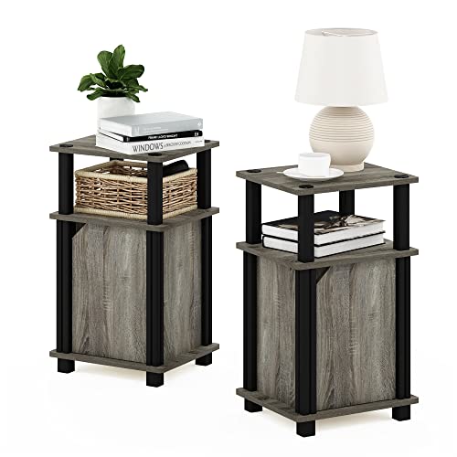 Furinno JUST Side Table Set of 2, 3-Tier End Table with Door Cabinet, Night Stand, Bedside Table with Open Shelf, for Living Room, Bedroom, French Oak