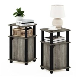 Furinno JUST Side Table Set of 2, 3-Tier End Table with Door Cabinet, Night Stand, Bedside Table with Open Shelf, for Living Room, Bedroom, French Oak
