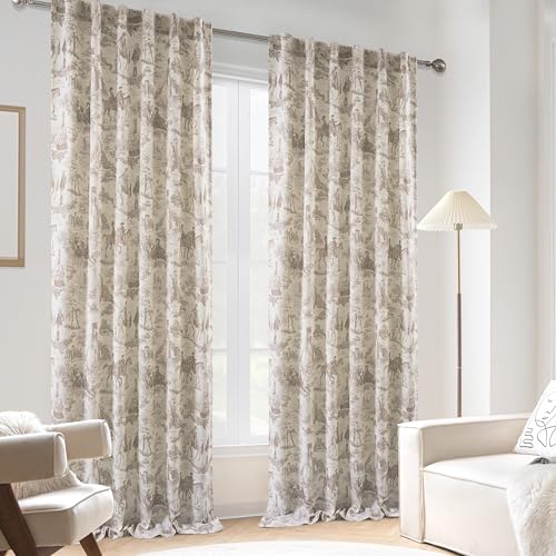 DriftAway 100% Blackout Toile Linen Curtains for Bedroom Double Layer Farmhouse French Country Vintage Printed Pattern Thermal Sound Lined Back Tab Living Room Drapes 102 inch Length 2 Panels Beige