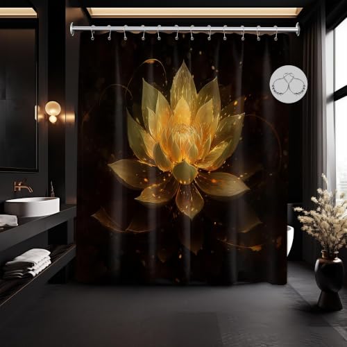 "QGHOT Lotus Shower Curtain, Black and Gold Flower Shower Curtains for Bathroom Decor Spa Zen Spiritual Golden Floral Bath Curtain Set, Waterproof Fabric, 70"" W x 78"" L"