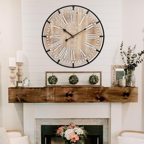 EMAX HOME 20 Inch Large Farmhouse Wall Clock, Rustic Antique Wood with Metal Circle and Large Engraved Numerals, Silent Battery Operated Wall Clock for Office Kitchen Bedroom Living Room