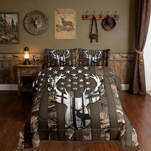 Camo American Flag King Size Comforter Sets for Kids,Deer Antlers Brown Camouflage Bedding Flags for Room Teens,Wild Animal Hunting Farm Branches Leaves Stars Stripes USA Flag Down Comforter