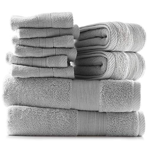 Hearth & Harbor 100% Ring Spun Cotton Bath Towels for bathroom - Luxury Bathroom Towels - Soft & Highly Absorbent Bath Towels Set, 10 Piece Set (2 Bath Towels, 2 Hand Towels, 6 Washcloths) - Silver