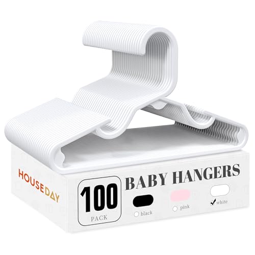 HOUSE DAY Baby Hangers 100 Pack - Durable Plastic Infant & Kids Clothes Hangers, Thin Compact Space-Saving Design for Nursery/Children's Closet, Toddler Small Hangers White (Infant/Baby/Toddler/Kids)
