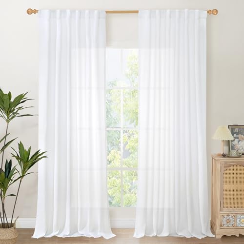YoungsTex White Linen Curtains 84 Inches Long Semi Sheer for Living Room - Semi Sheer, Rod Pocket Back Tab Drapes Light Filtering for Dining Bedroom Window, 52 X 84 Inch
