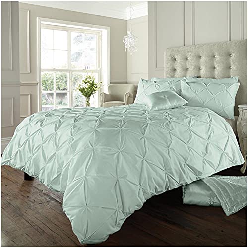 GC GAVENO CAVAILIA Pintuck Duvet Cover Double- Geometric Pinch Pleated Quilt Cover Set- Polycotton Diamond Bedding & Linen- Duck Egg