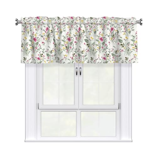 DZGlobal Spring Valances for Windows - Pink Yellow Floral Cafe Curtains Green Leaf Short Curtains for Kitchen Living Room Bathroom Bedroom Basement