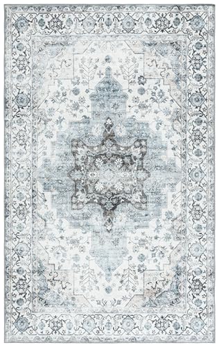 SAFAVIEH Washable Rug Arizona Collection - 6' x 9', Ivory & Blue, Slip Resistant & Easy to Clean, Ideal for Living Room, Bedroom, Home Office, Dining Space (ARZ123A)