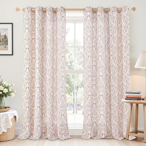 BGment Terracotta Boho Curtains for Living Room - Linen Leaf Paisley Pattern Light Filtering Farmhouse Window Grommet Semi Sheer Drapes, 2 Panels, 52 x 96 Inch