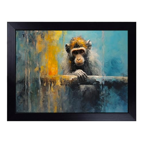 Lap Tray with Bean Bag Cushion, Monkey Impressionism - Handmade in the UK, Raised Wooden Edge, Padded Cushion, Heat-Resistant Wipe-Clean Surface, for Meals, Laptops and Crafts