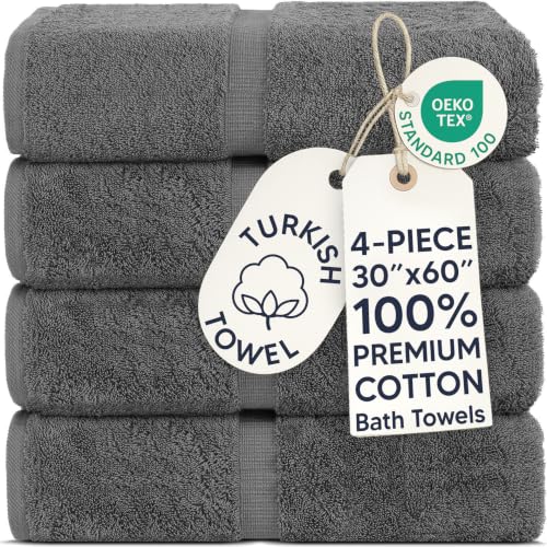Chakir Turkish Linens 100% Cotton Premium Turkish Towels for Bathroom - 30'' x 60'' Large Bath Towels (4 Piece, Dark Gray)