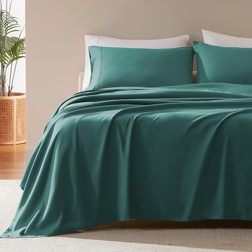 SLEEP ZONE, Nanotex Double Bed Sheet Set Soft Cool 4 Piece Easy Care Flat Sheet + Fitted Sheet + Pillow Cases Wrinkle Resistant Fade 41cm Deep Corner Teal