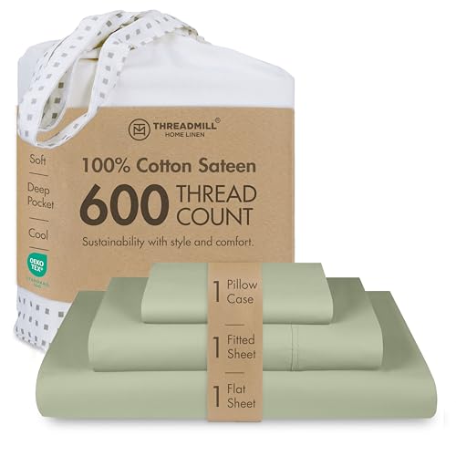 Threadmill Home Linen 600 Thread Count Twin Sheets Sets - 100% Extra Long Staple Cotton Sheets for Twin Size Bed, Luxury 3 Piece Bedding Set with Deep Pocket Fitted Sheet, Smooth Solid Sateen, Sage