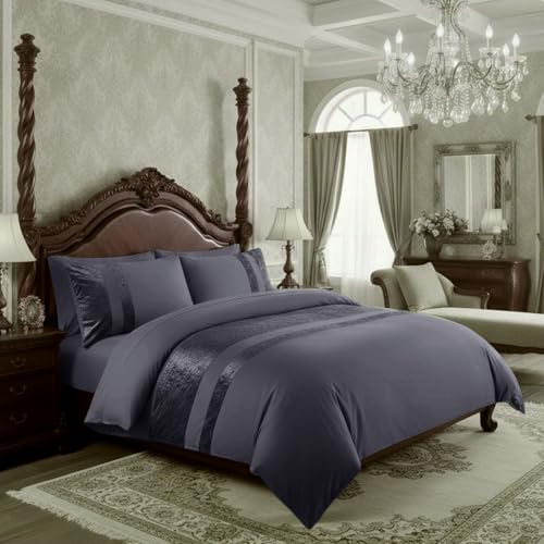 Casabella Luxury Crushed Velvet Panel Band Duvet Cover Sets with Pillow Case Single Duvet Cover Bedding Set – Grey Crush Velvet Single Duvet Cover Sets