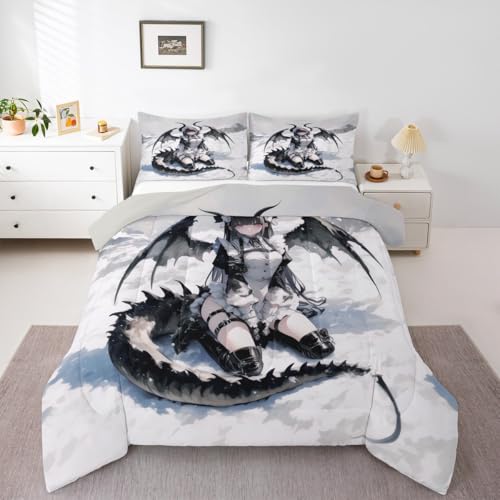 Erosebridal Anime Girl Bedding Set Queen Size, Japanese Anime Comforter Set for Kids Girls Teens Women Bedroom, Cartoon Manga Girl Quilt Japanese Animation Sci Fi Style Duvet Insert,2 Pillow Cases