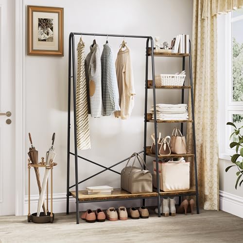 YITAHOME Coat Rack Stand with Shoe Storage, Industrial Hall Tree with 5 Shelves Garment Rack Open Wardrobe Clothes Rail for Bedroom Hallway Entryway