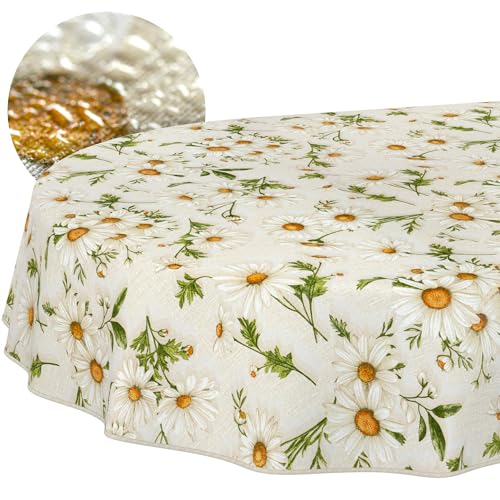 ANRO Washable Tablecloth Daisy White with Hem Oval 200 x 140 cm - Edged with hem - weatherproof garden tablecloth - table linen made of coated fabric - washable at 30 ??C