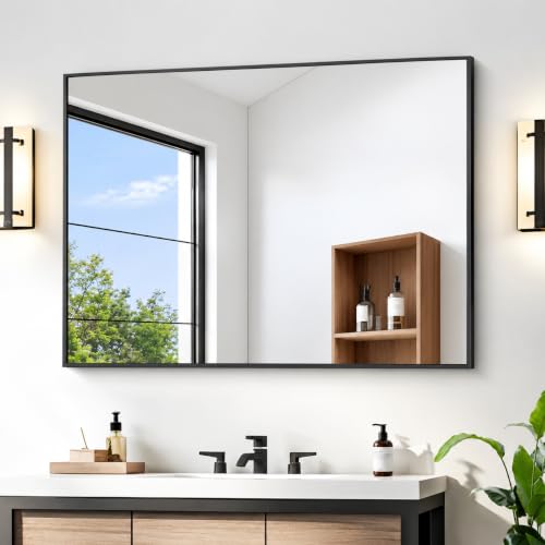 KOCUUY 30x36 Inch Black Aluminum Framed Rectangular Wall Mirror, Modern Design, Shatterproof & Waterproof, Easy Installation, Perfect for Bathroom, Bedroom, Living Room