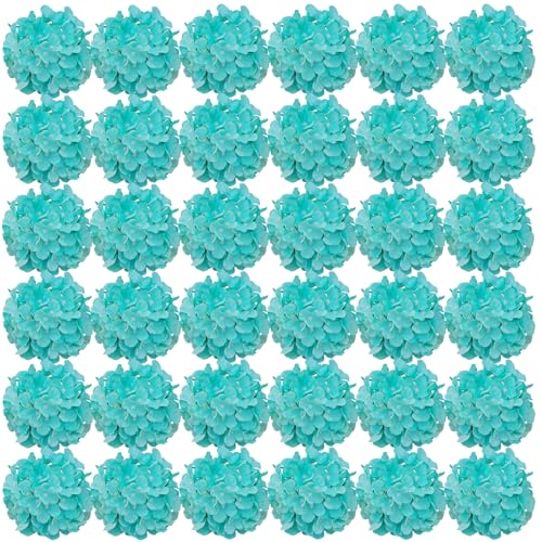 FagusHome Silk Hydrangea Heads 36 Pcs Artificial Flowers Heads and 3 Dozens Stems Fake Hydrangea Flowers with Stems for Home Wedding Decor (Fluorescence Blue)