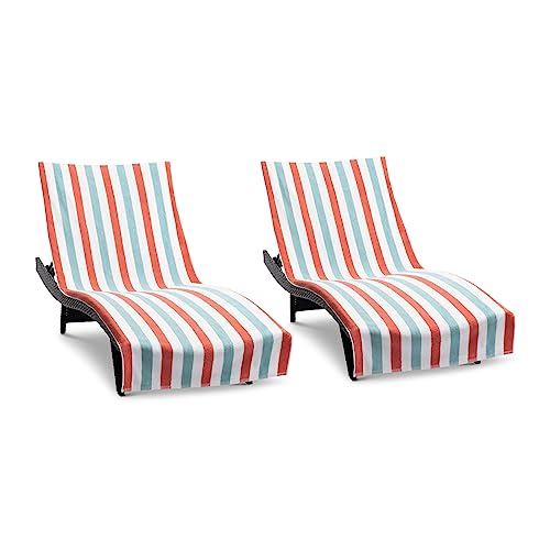 Arkwright Cabo Cabana Chaise Lounge Cover - (Pack of 2) 100% Cotton Terry Towels, Pool Chair Covers for Outdoor Beach Furniture, 30 x 85 in, Crabapple/Pool Blue