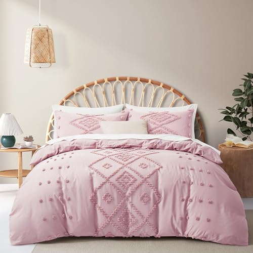 "Oli Anderson Tufted Duvet Cover King Size, Soft and Lightweight Duvet Covers Set for All Seasons, 3 Pieces Boho Embroidery Shabby Chic Bedding Set (Pink, King, 104"" x 90"")"